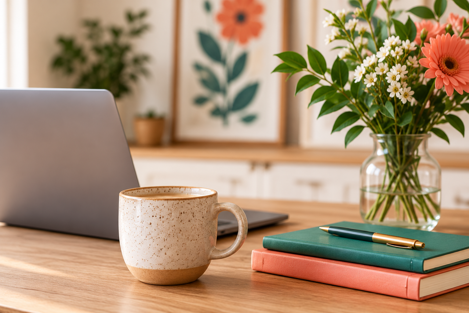 Laptop, notebooks and coffee on a desk at Brandcraft, a marketing and communications consultancy